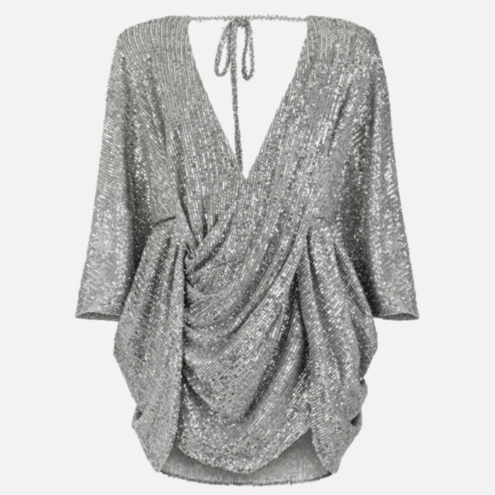 Mable V-Neck Sequin Backless Bat Wing Ruched Mini Dress Cocktail Size Small S